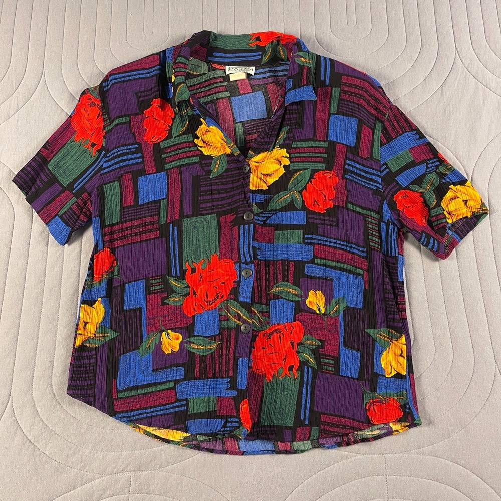 Vintage Copy Cats Rayon Blouse Womens Medium USA Colorful Abstract Floral 90s